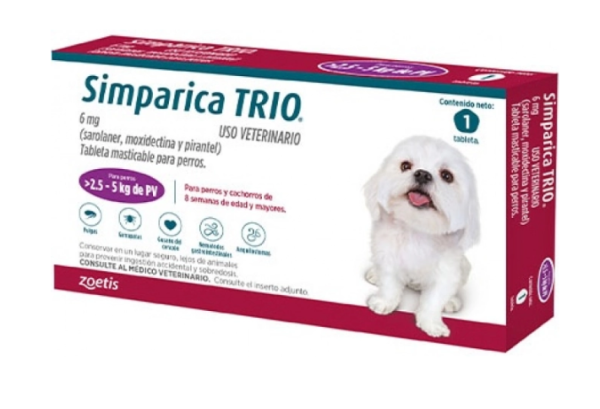 SIMPARICA TRIO 2,5 A 5 KG MORADA SAROLANER + MOXIDECTINA + PIRANTEL